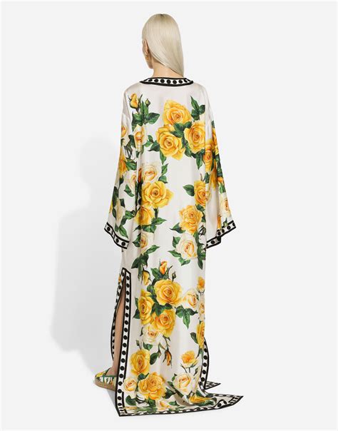 dolce gabbana kimono|Silk caftan with kimono sleeves and yellow rose print.